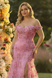 Plus Size Taro Floral Mermaid Off the Shoulder Long Corset Prom Dress with Slit