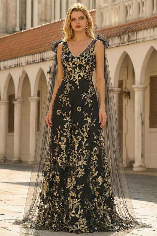 Floral Sparkly Black Golden A Line Sequins Tulle Long Prom Dress with Cape