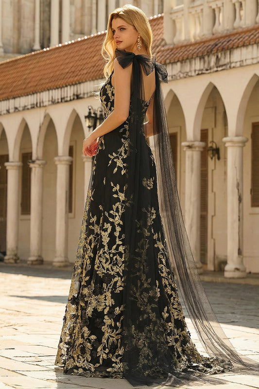 Floral Sparkly Black Golden A Line Sequins Tulle Long Prom Dress with Cape