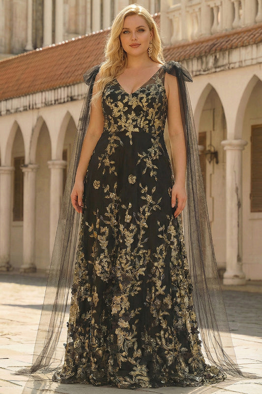 Plus Size Floral Sparkly Black Golden Tulle A Line Sequins Long Prom Dress with Cape