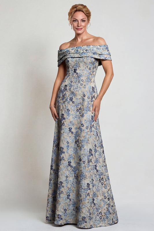 Grey Blue Floral Jacquard Off The Shoulder Long Mother of the Bride Dress