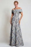 Grey Blue Floral Jacquard Off The Shoulder Long Mother of the Bride Dress