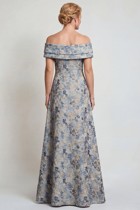 Grey Blue Floral Jacquard Off The Shoulder Long Mother of the Bride Dress