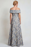 Grey Blue Floral Jacquard Off The Shoulder Long Mother of the Bride Dress