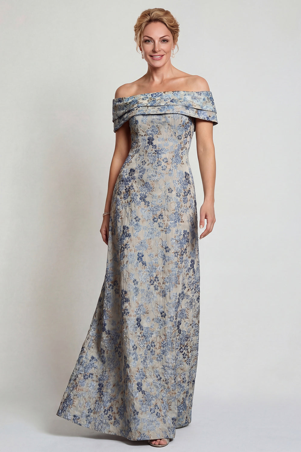 Grey Blue Floral Jacquard Off The Shoulder Long Mother of the Bride Dress