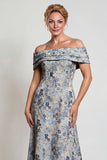 Grey Blue Floral Jacquard Off The Shoulder Long Mother of the Bride Dress