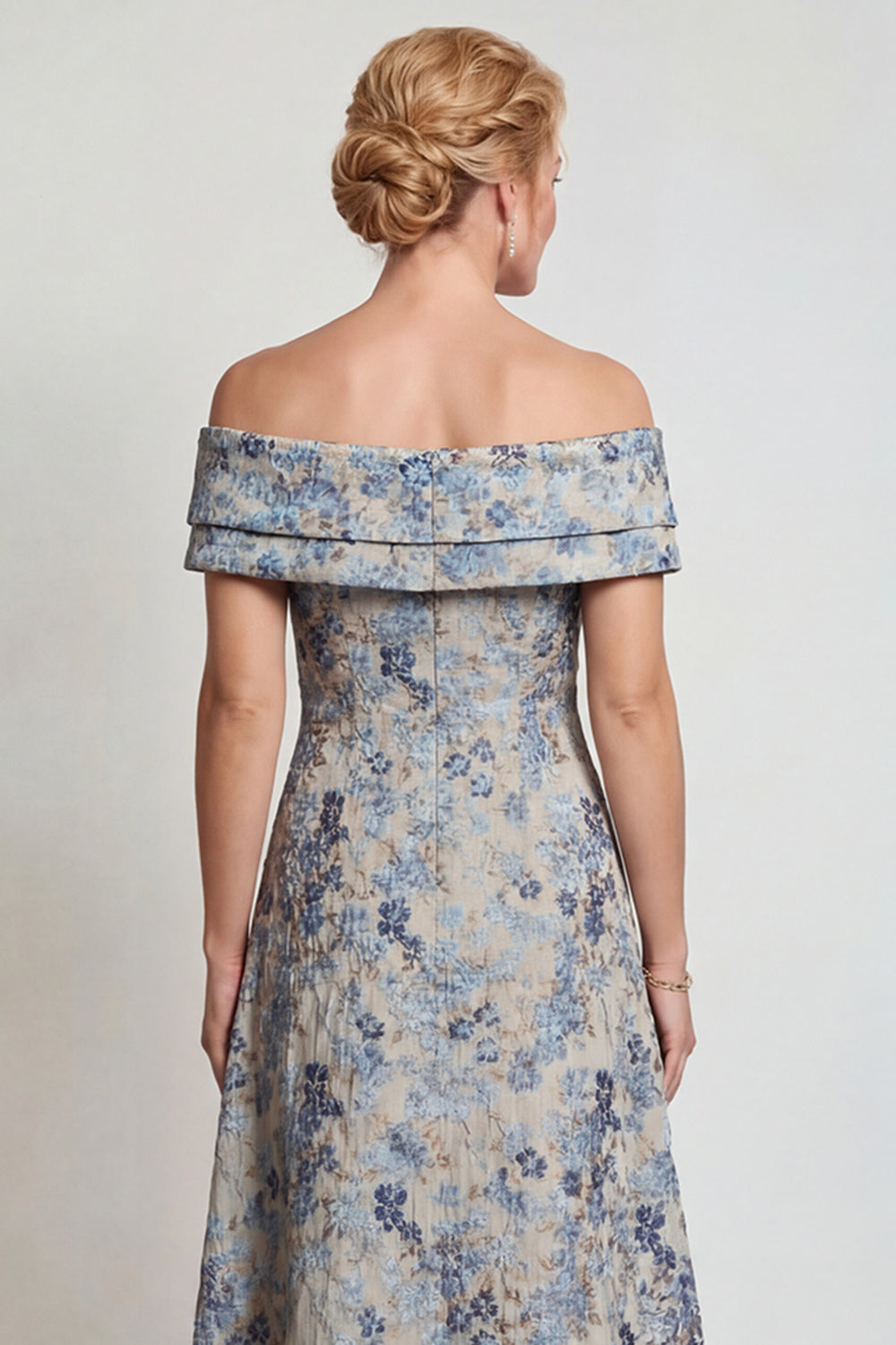 Grey Blue Floral Jacquard Off The Shoulder Long Mother of the Bride Dress