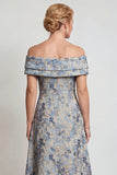 Grey Blue Floral Jacquard Off The Shoulder Long Mother of the Bride Dress