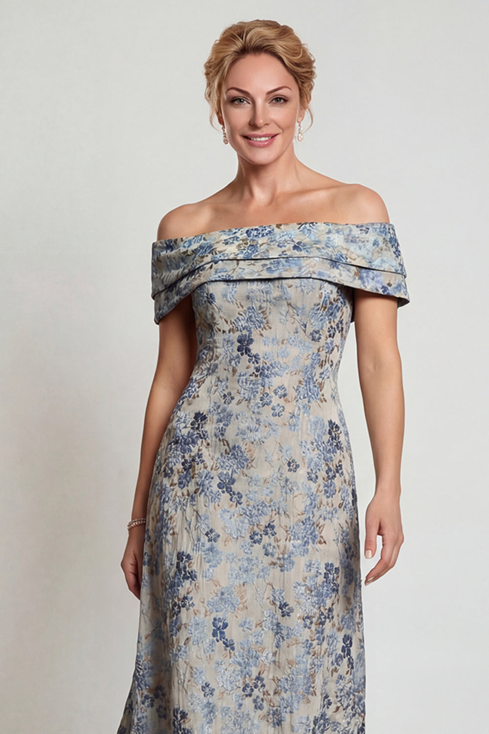 Grey Blue Floral Jacquard Off The Shoulder Long Mother of the Bride Dress
