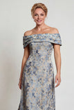 Grey Blue Floral Jacquard Off The Shoulder Long Mother of the Bride Dress