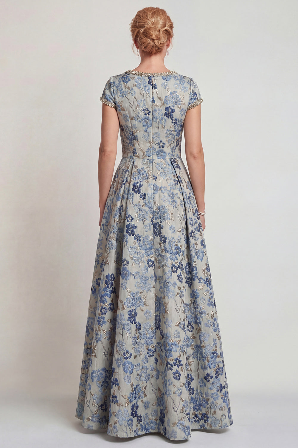 Floral Grey Blue A Line Jacquard Long Mother of the Bride Dress with Sleeves