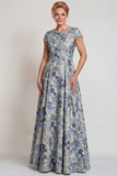 Floral Grey Blue A Line Jacquard Long Mother of the Bride Dress with Sleeves