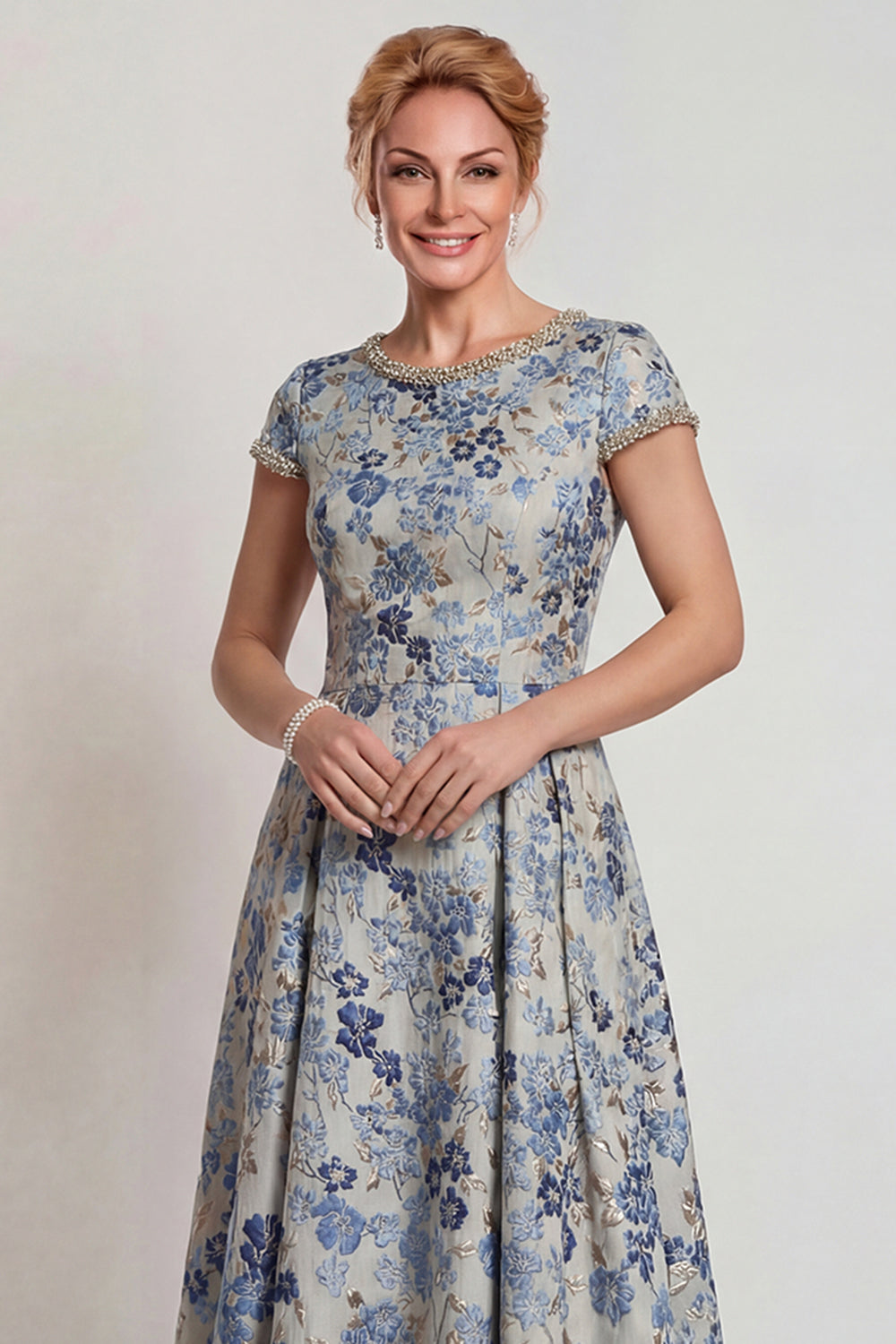 Floral Grey Blue A Line Jacquard Long Mother of the Bride Dress with Sleeves