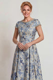 Floral Grey Blue A Line Jacquard Long Mother of the Bride Dress with Sleeves