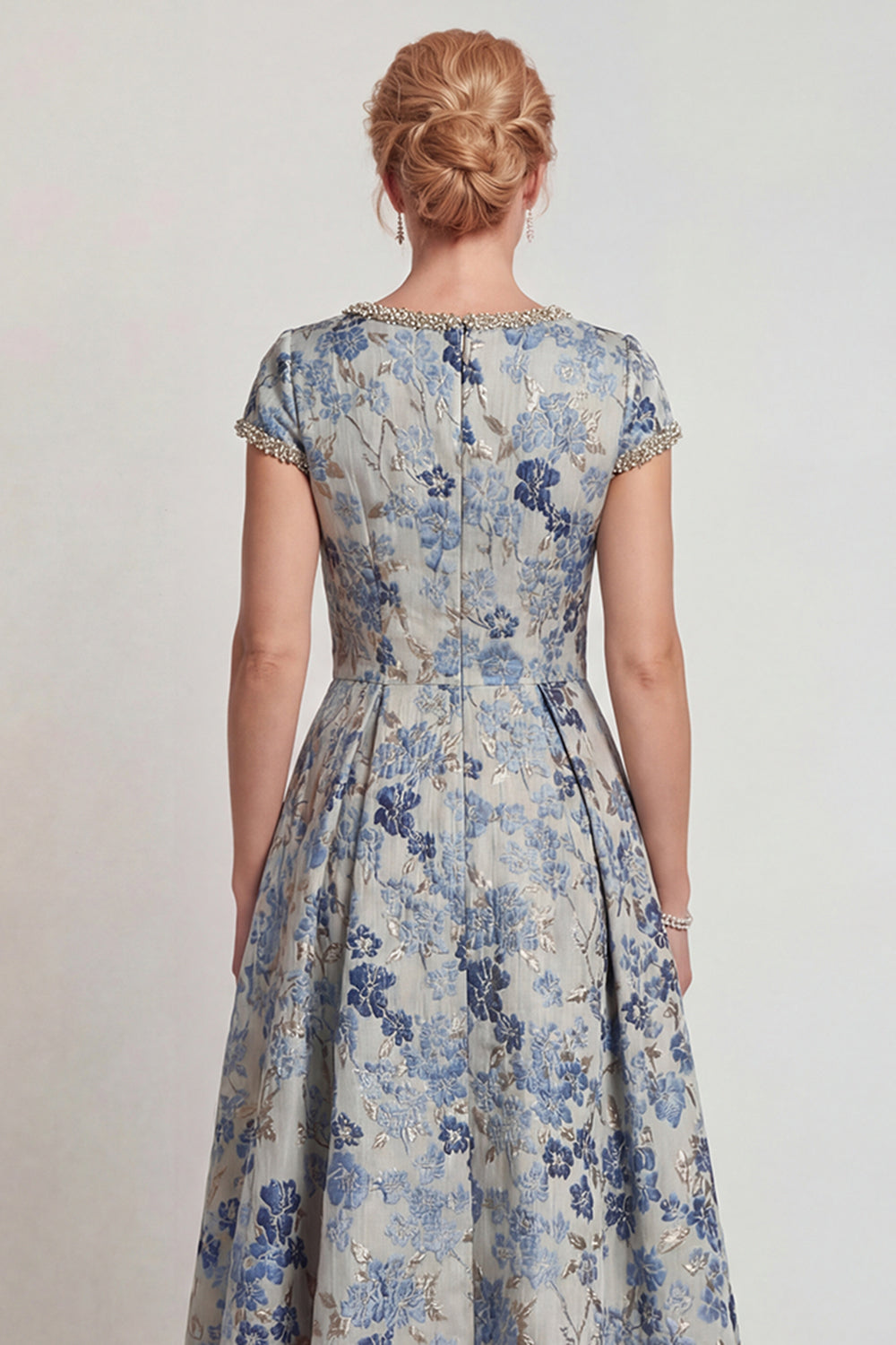 Floral Grey Blue A Line Jacquard Long Mother of the Bride Dress with Sleeves