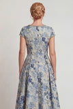 Floral Grey Blue A Line Jacquard Long Mother of the Bride Dress with Sleeves