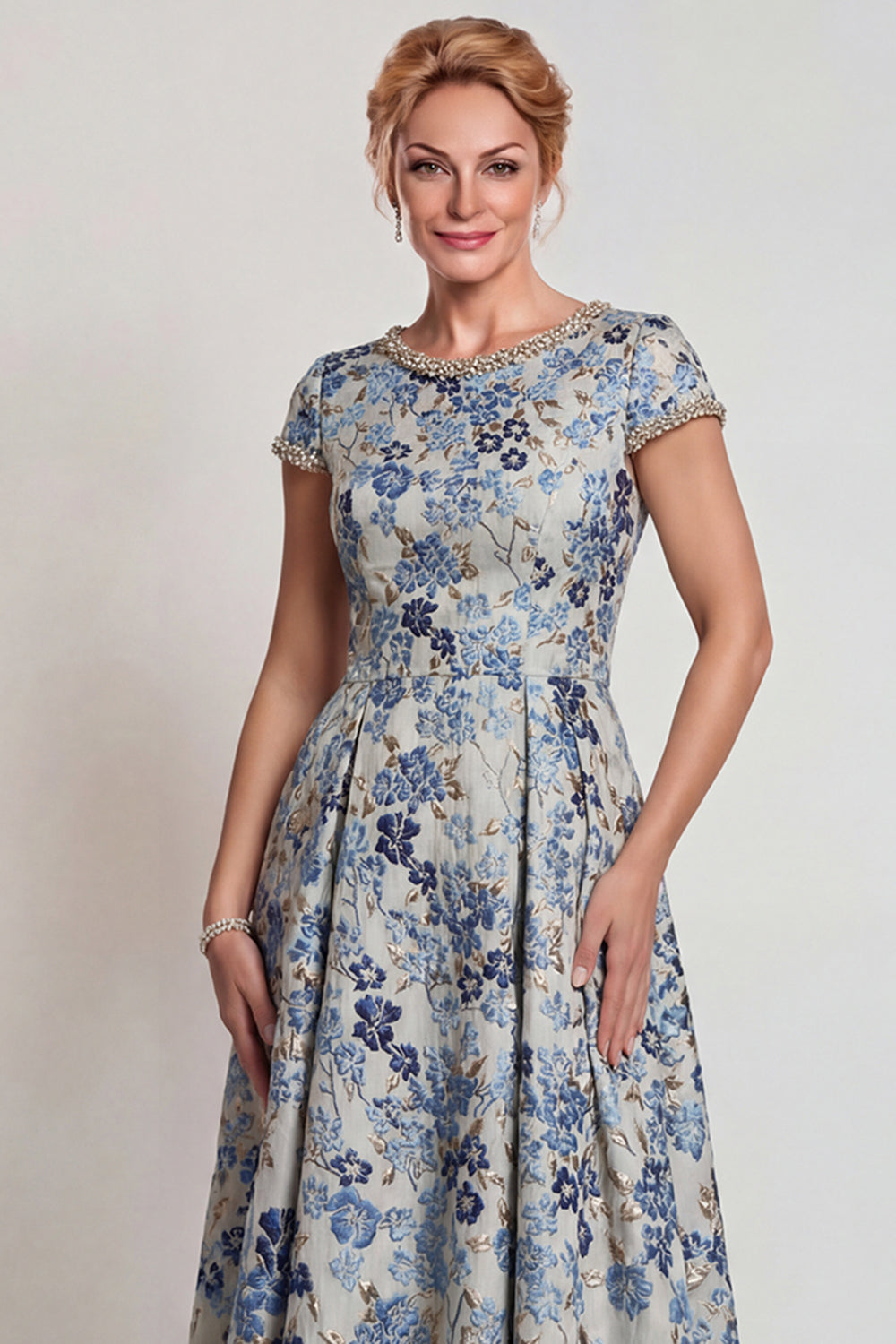 Floral Grey Blue A Line Jacquard Long Mother of the Bride Dress with Sleeves