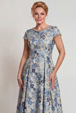 Floral Grey Blue A Line Jacquard Long Mother of the Bride Dress with Sleeves