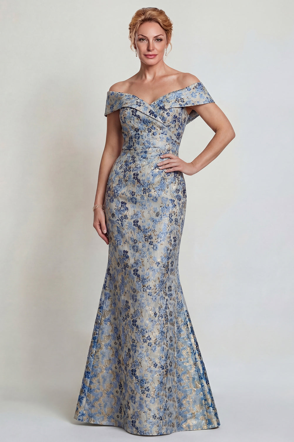 Grey Blue Floral Jacquard Mermaid Long Mother of the Bride Dress