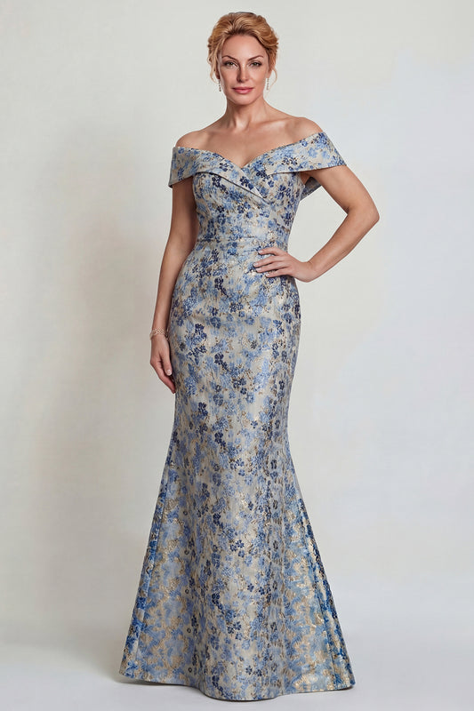 Grey Blue Floral Jacquard Mermaid Long Mother of the Bride Dress