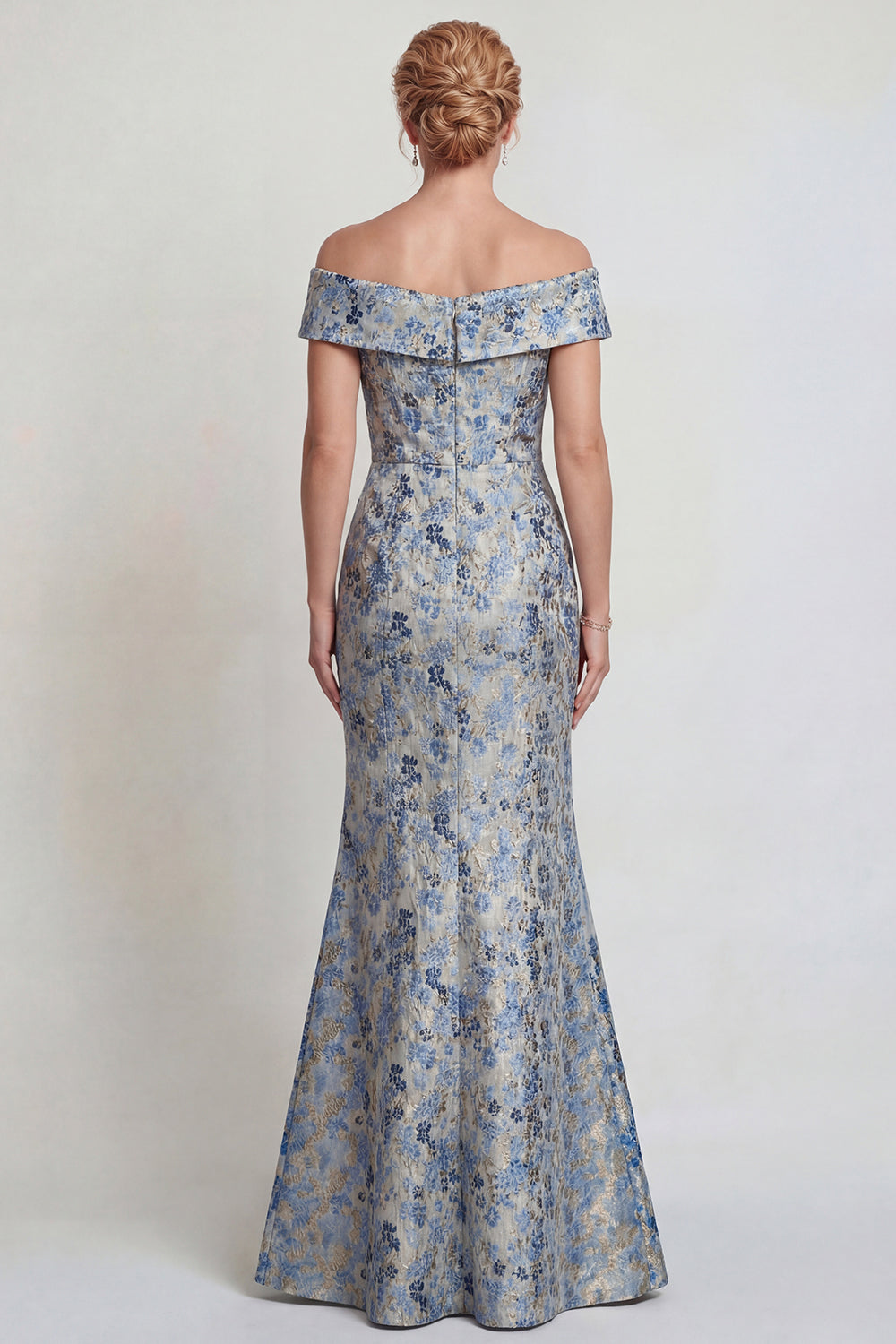 Grey Blue Floral Jacquard Mermaid Long Mother of the Bride Dress