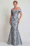 Grey Blue Floral Jacquard Mermaid Long Mother of the Bride Dress