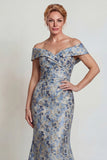 Grey Blue Floral Jacquard Mermaid Long Mother of the Bride Dress