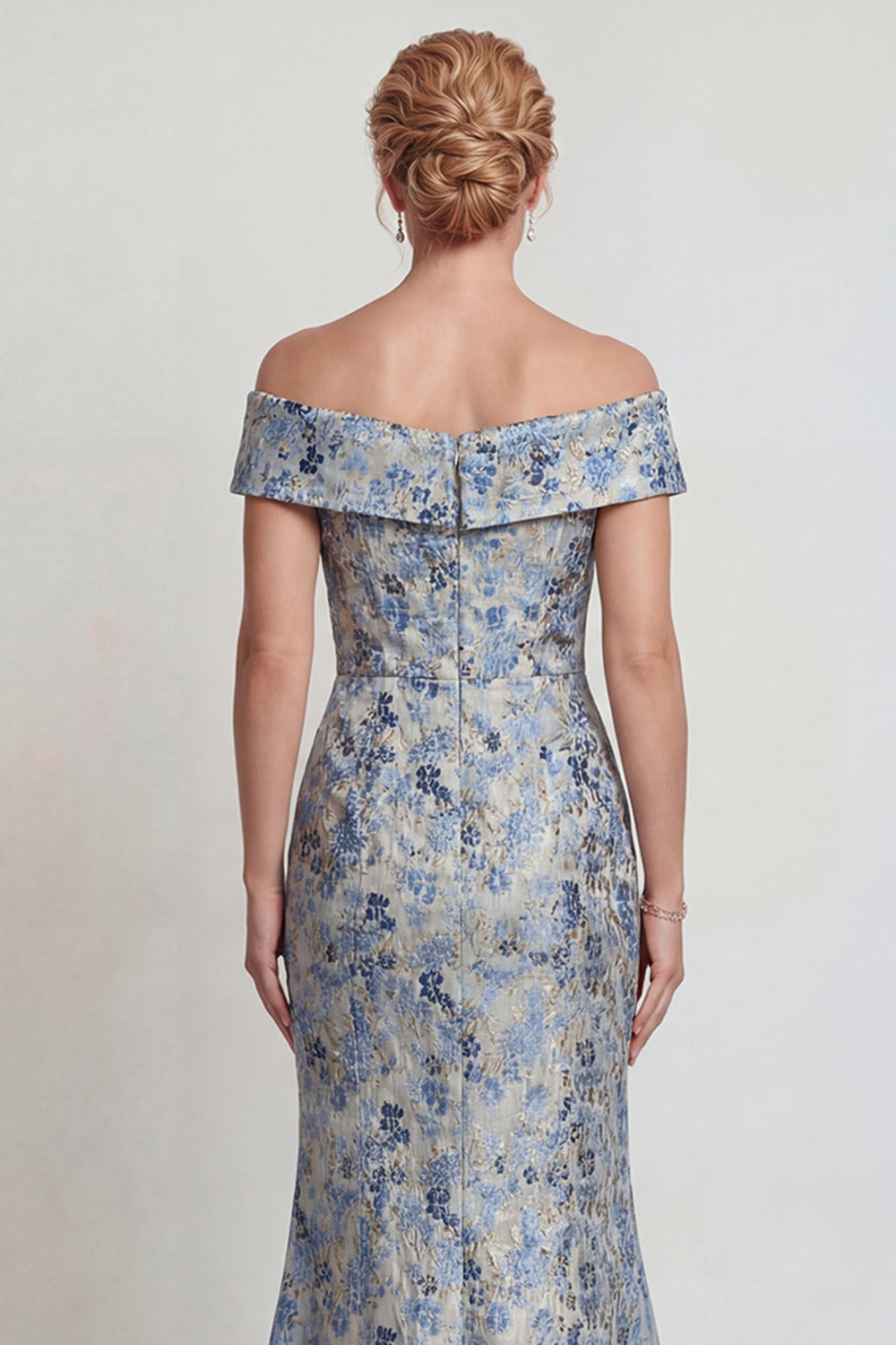 Grey Blue Floral Jacquard Mermaid Long Mother of the Bride Dress