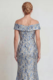 Grey Blue Floral Jacquard Mermaid Long Mother of the Bride Dress