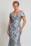 Grey Blue Floral Jacquard Mermaid Long Mother of the Bride Dress