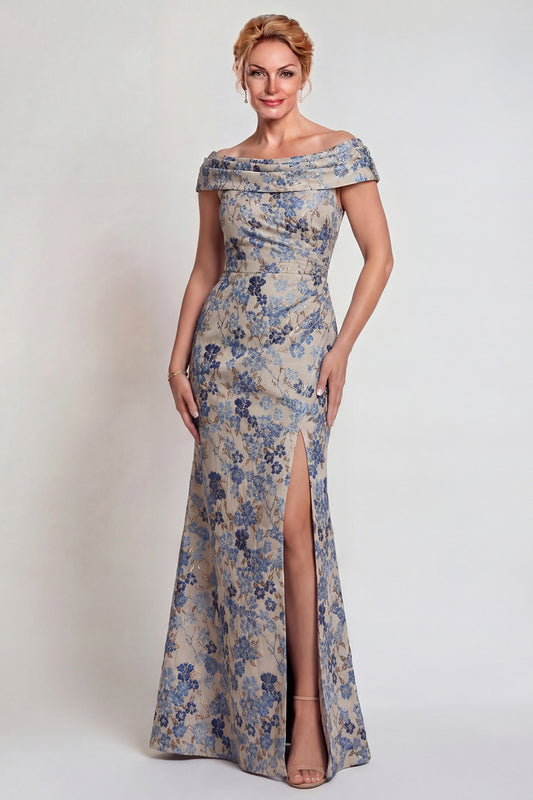 Grey Blue Mermaid Floral Jacquard Long Mother of the Bride Dress with Slit