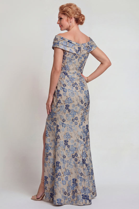 Grey Blue Mermaid Floral Jacquard Long Mother of the Bride Dress with Slit