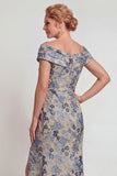 Grey Blue Mermaid Floral Jacquard Long Mother of the Bride Dress with Slit