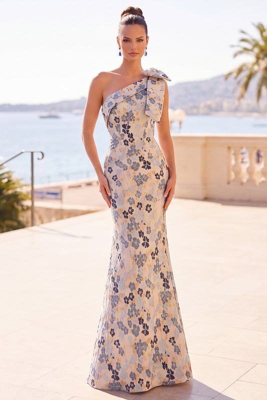 Grey Blue Floral Jacquard One Shoulder Long Mother of the Bride Dress with Bow