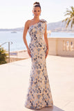 Grey Blue Floral Jacquard One Shoulder Long Mother of the Bride Dress with Bow