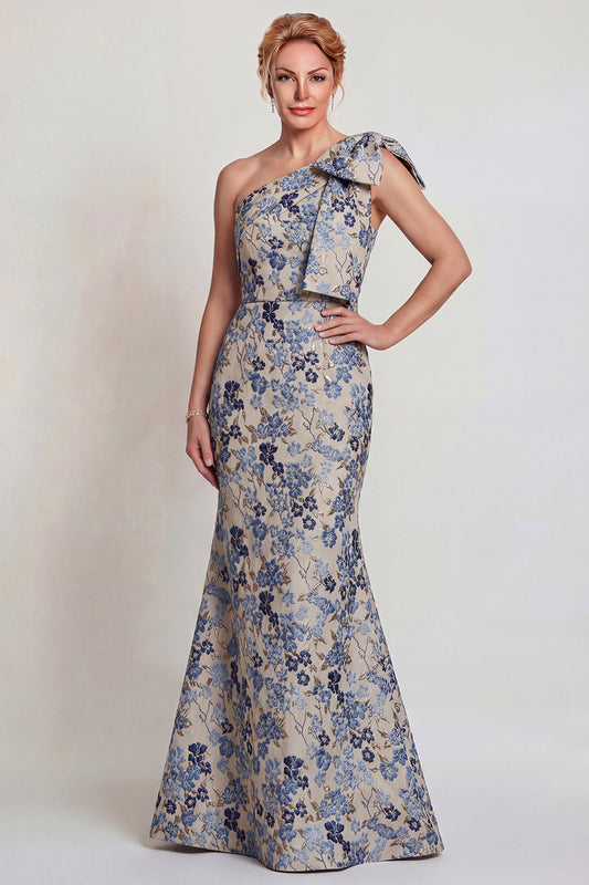 Grey Blue Floral Jacquard One Shoulder Long Mother of the Bride Dress with Bow