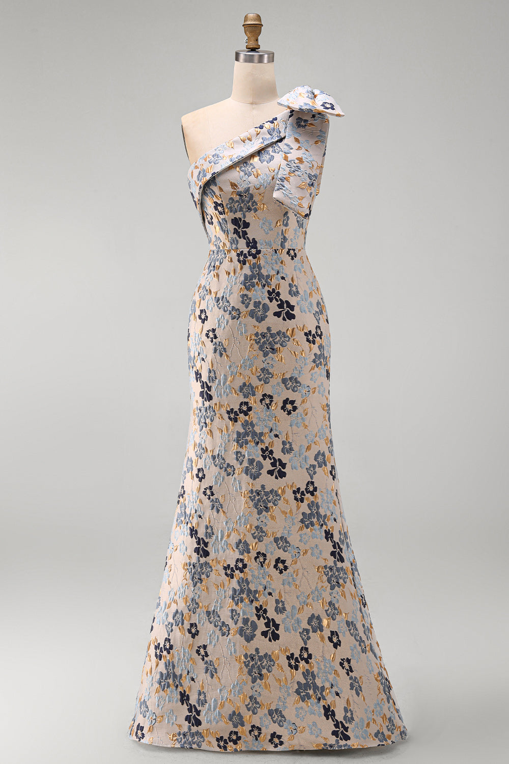 Grey Blue Floral Jacquard One Shoulder Long Mother of the Bride Dress with Bow
