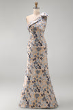 Grey Blue Floral Jacquard One Shoulder Long Mother of the Bride Dress with Bow