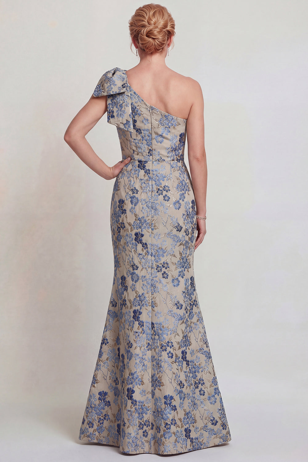 Grey Blue Floral Jacquard One Shoulder Long Mother of the Bride Dress with Bow