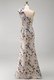 Grey Blue Floral Jacquard One Shoulder Long Mother of the Bride Dress with Bow
