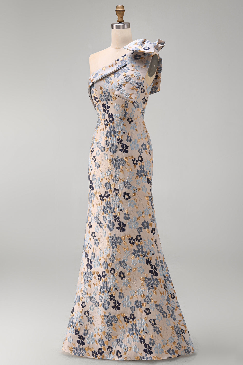 Grey Blue Floral Jacquard One Shoulder Long Mother of the Bride Dress with Bow