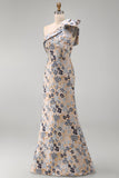 Grey Blue Floral Jacquard One Shoulder Long Mother of the Bride Dress with Bow