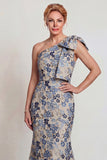 Grey Blue Floral Jacquard One Shoulder Long Mother of the Bride Dress with Bow