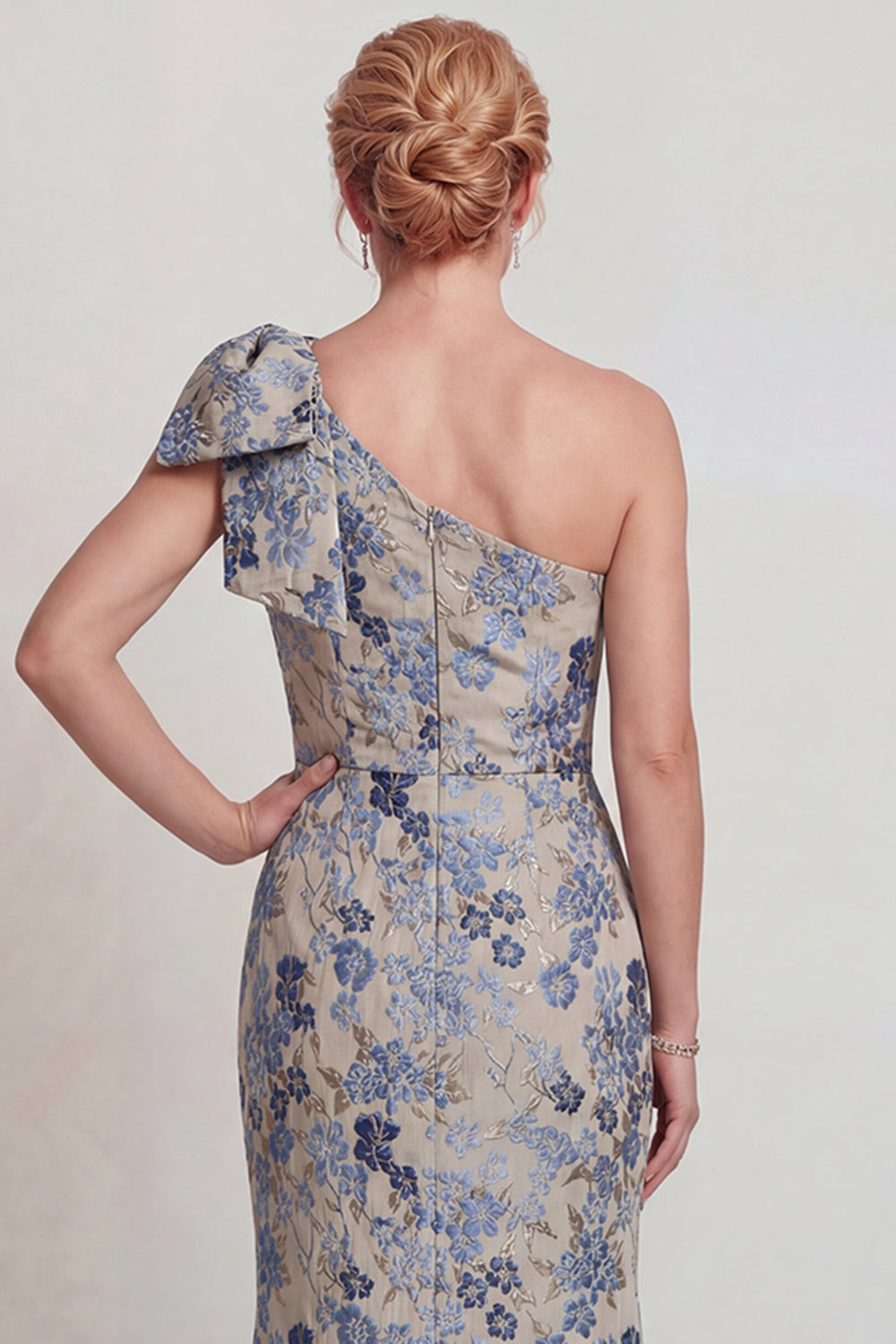 Grey Blue Floral Jacquard One Shoulder Long Mother of the Bride Dress with Bow