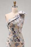 Grey Blue Floral Jacquard One Shoulder Long Mother of the Bride Dress with Bow