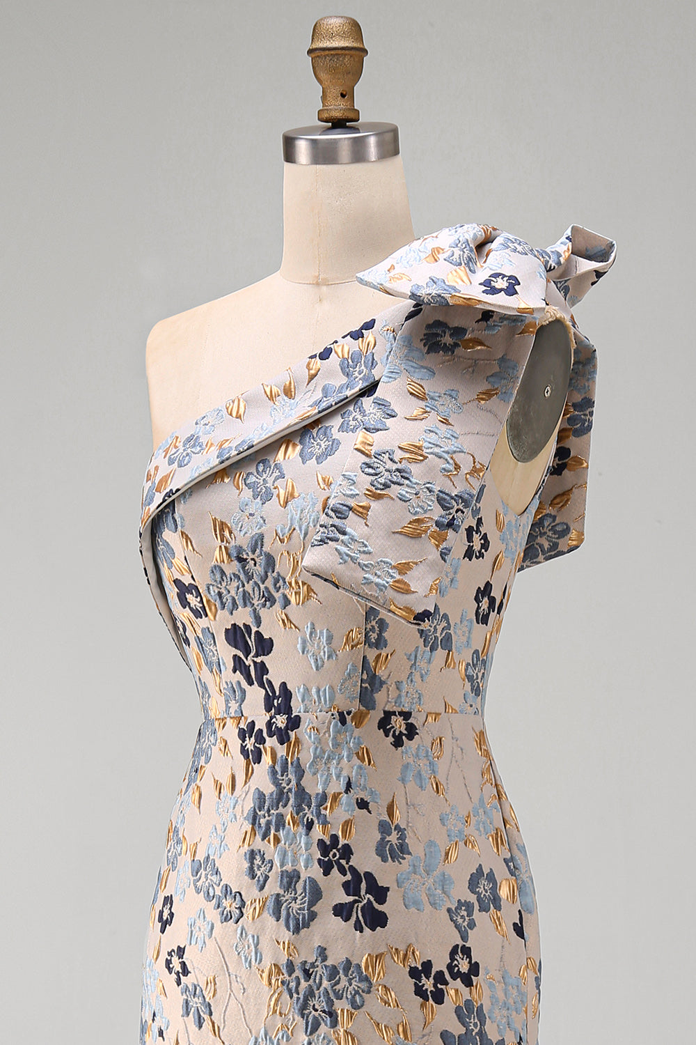 Grey Blue Floral Jacquard One Shoulder Long Mother of the Bride Dress with Bow