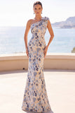 Grey Blue Floral Jacquard One Shoulder Long Mother of the Bride Dress with Bow