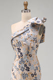 Grey Blue Floral Jacquard One Shoulder Long Mother of the Bride Dress with Bow