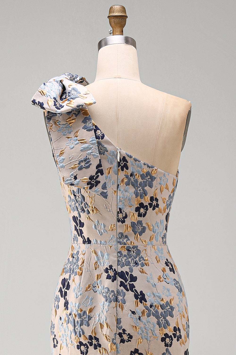 Grey Blue Floral Jacquard One Shoulder Long Mother of the Bride Dress with Bow