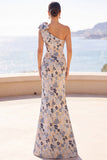 Grey Blue Floral Jacquard One Shoulder Long Mother of the Bride Dress with Bow